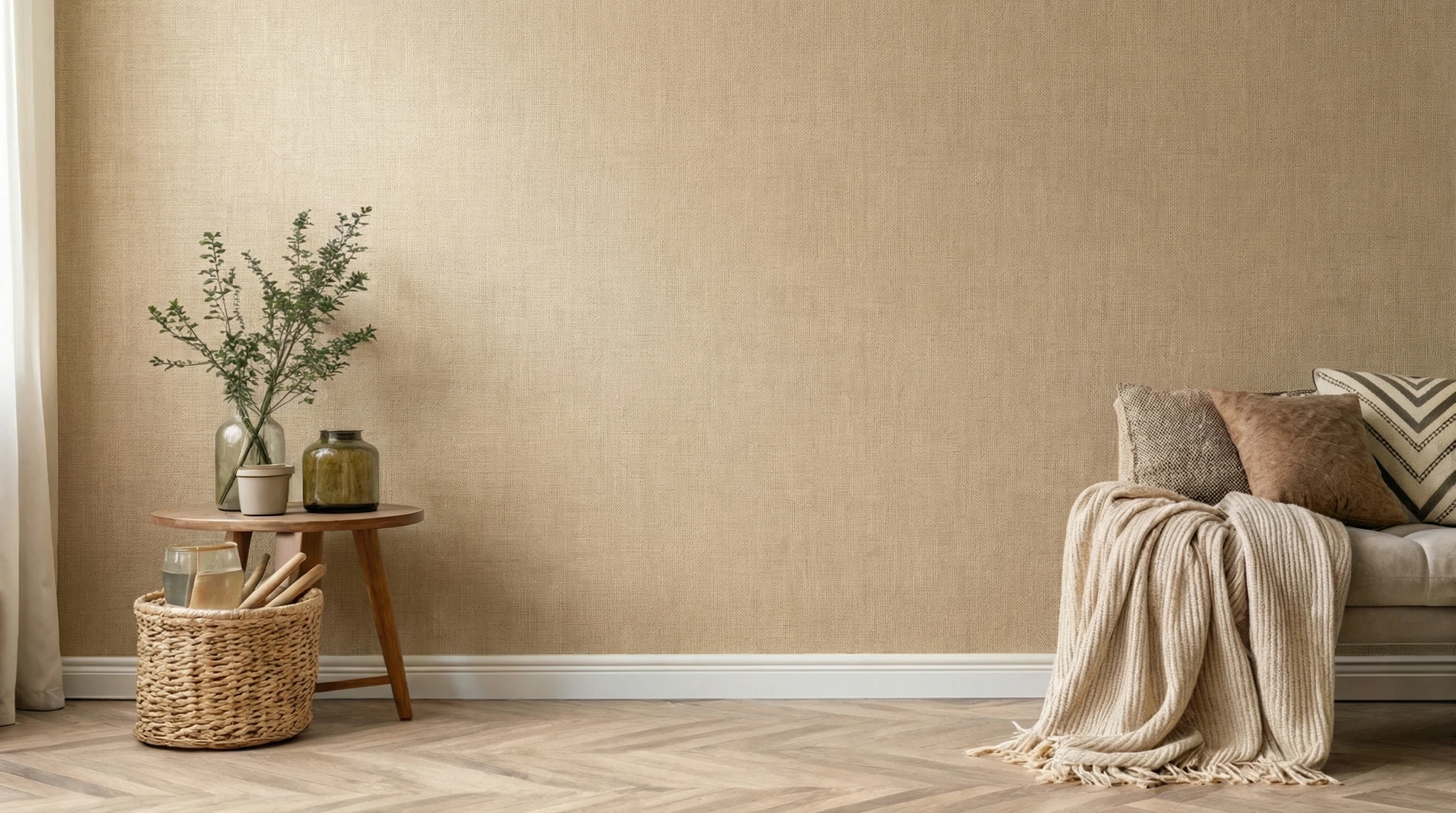 Couple installant ensemble un panneau de lambris en bois clair sur un mur intérieur blanc