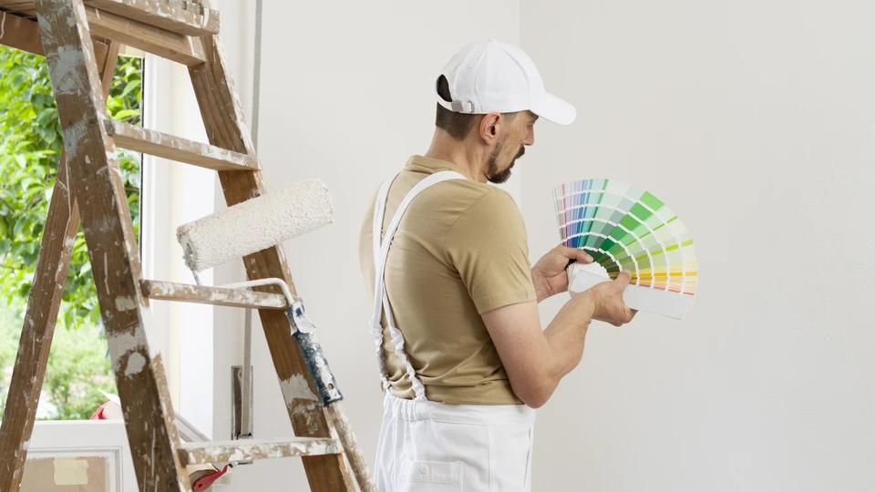 Vue arrière de l'entrepreneur en construction en vêtements blancs avec rouleau de peinture à la main peignant un mur gris dans une pièce vide avec espace pour copie