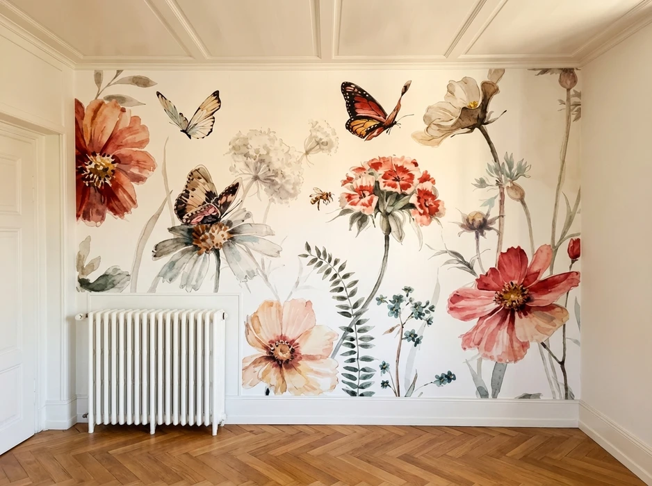 Intérieur résidentiel avec fresque murale décorative représentant des animaux africains - éléphant, girafe, héron, oiseaux - dans un style illustration noir et blanc avec touches colorées