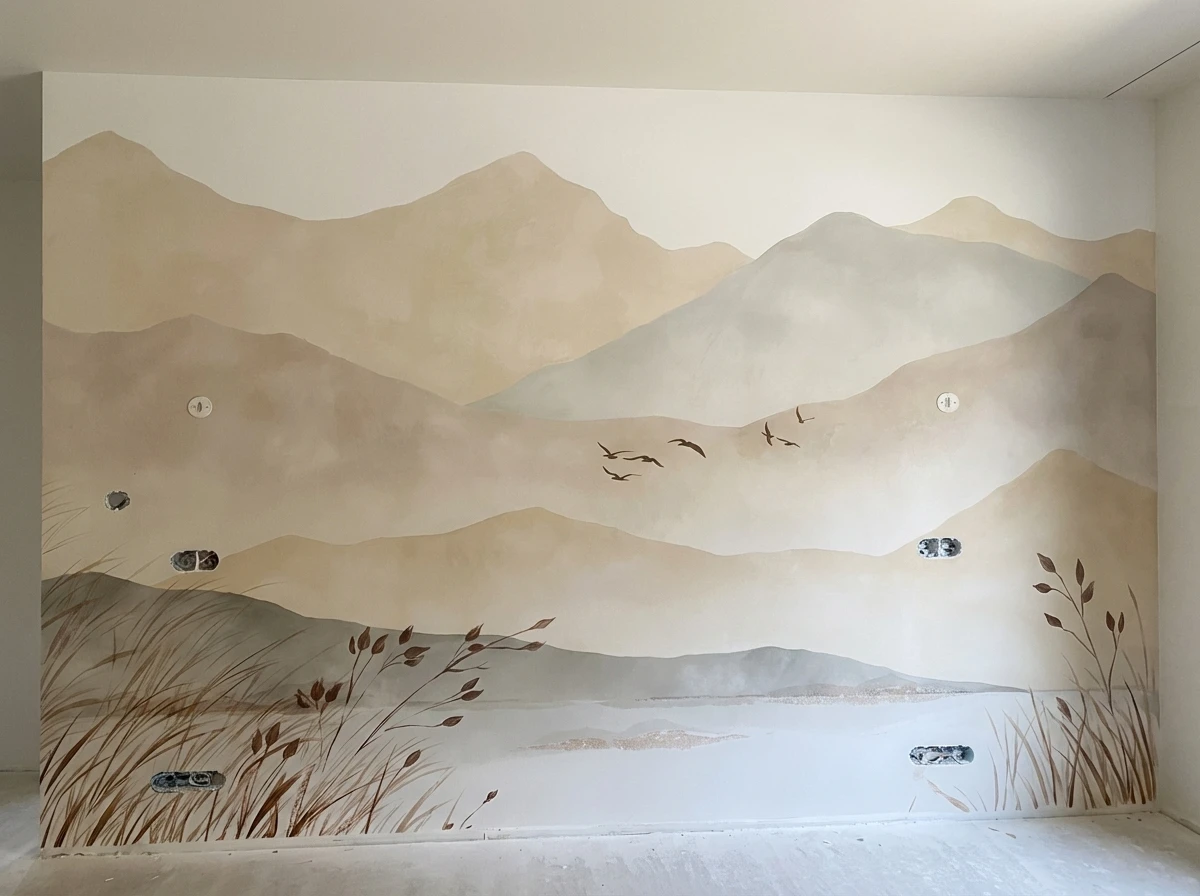 Mur peint d'un salon moderne présentant une fresque architecturale stylisée aux tons rose, blanc et terre cuite